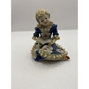 Vintage Wales Chinaware Girl In A Blue Dress Reading Made in Japan Gold Gilt